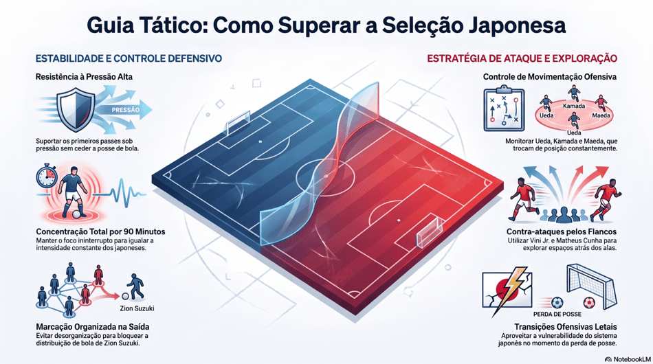 Arte com guia tático de como o Brasil pode superar o Japão e avançar às oitavas de final da Copa do Mundo de 2026