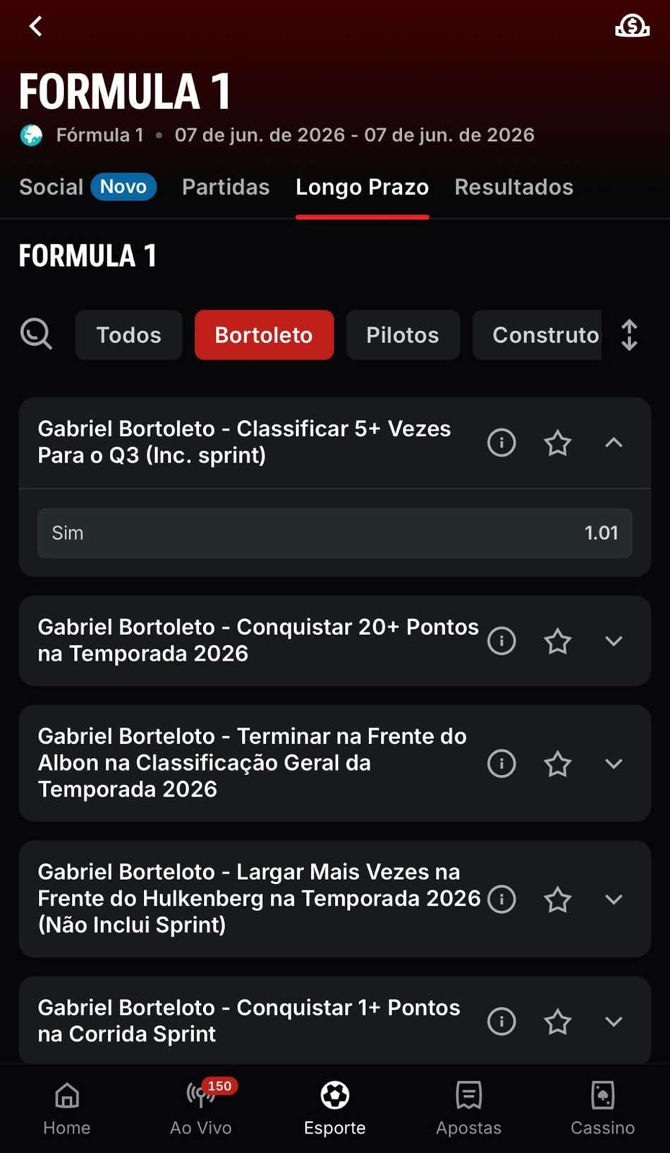 Captura da tela de apostas de longo prazo em Gabriel Bortoleto na Superbet.