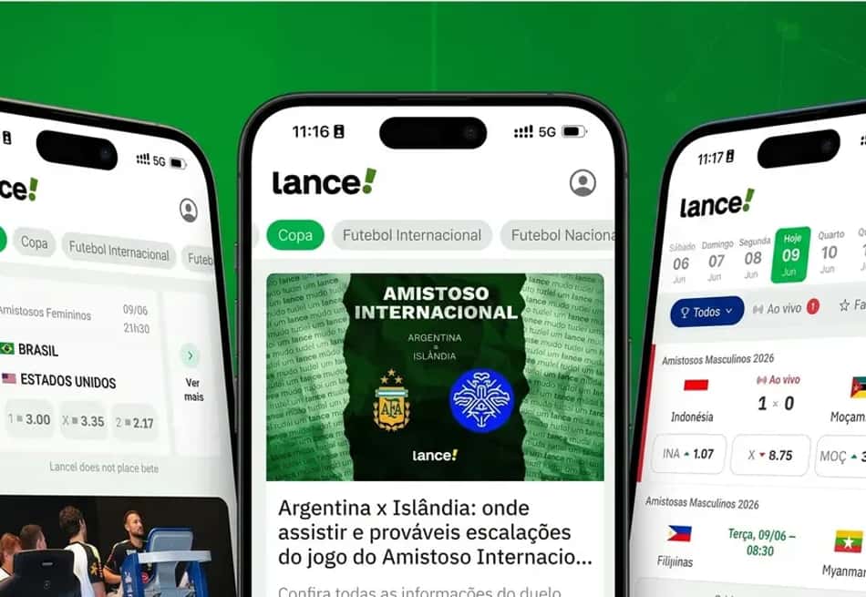 Alt text: Três telas do aplicativo Lance! em smartphones, exibindo a seção de Copa e Futebol Internacional. A tela central mostra a chamada do Amistoso Internacional Argentina x Islândia; a da esquerda exibe odds de Brasil x Estados Unidos; e a da direita mostra a agenda de jogos com partida ao vivo entre Indonésia e Moçambique.