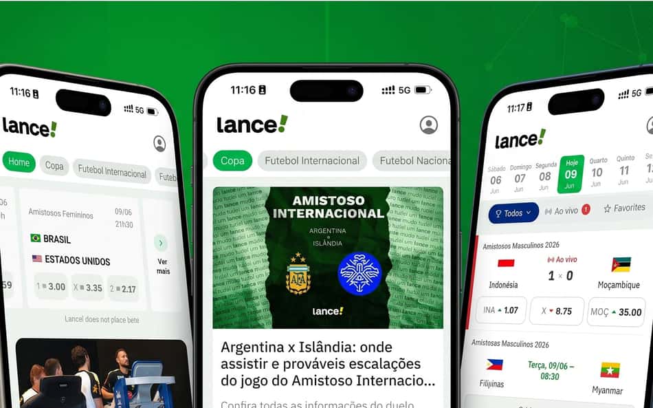 Três telas do aplicativo do Lance! com notícias, jogos e resultados