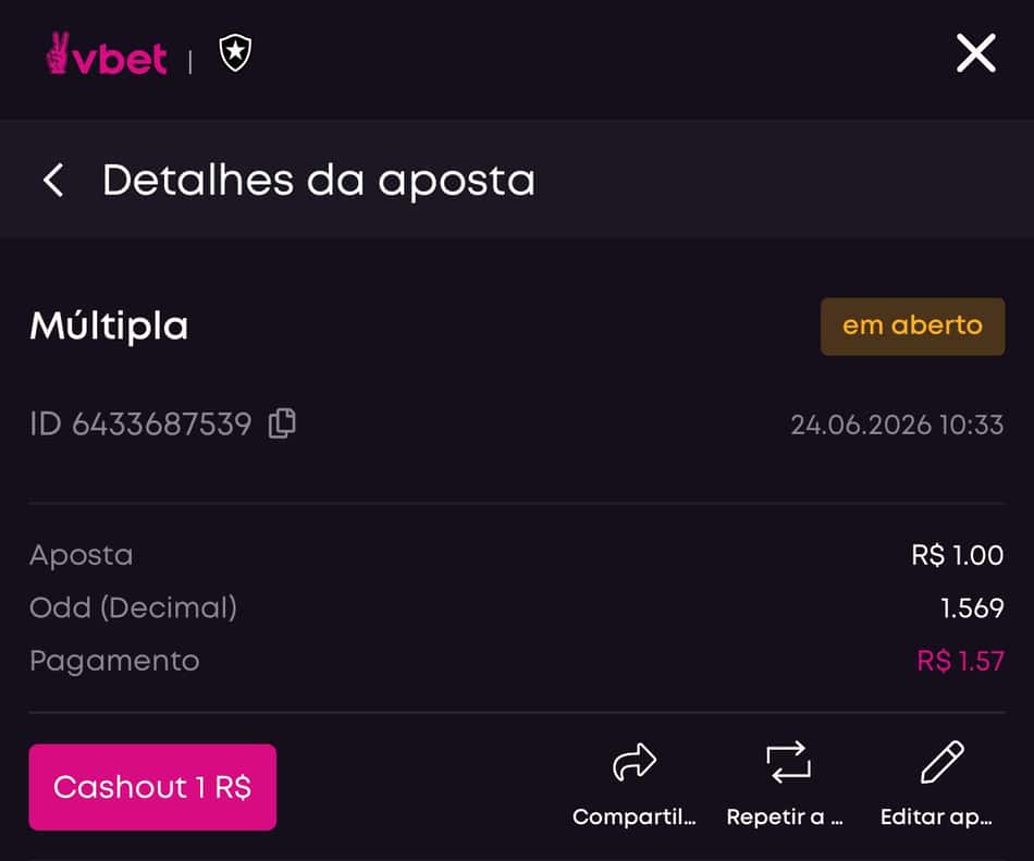 Captura de tela da casa de apostas com cash out Vbet.