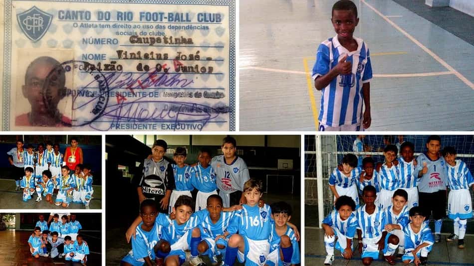 Montagem com imagens de Vini Jr no clube em que jogava futsal em Niterói