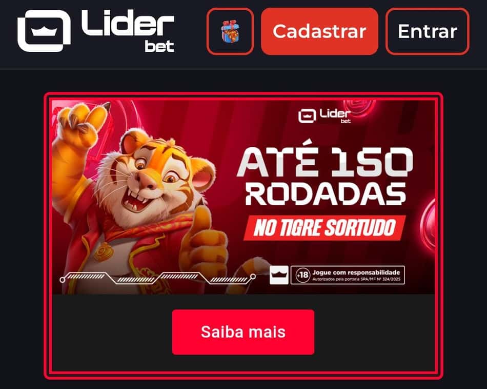 Captura de tela da Liderbet que paga 150 rodadas extras no Tigre Sortudo.