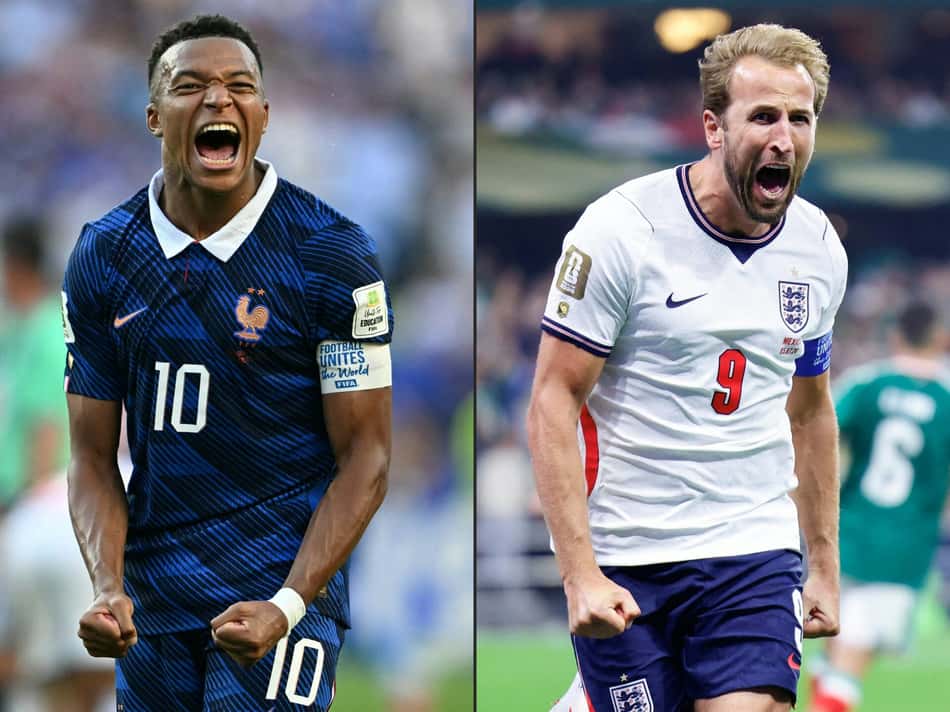 Kylian Mbappé (lado esquerdo) e Harry Kane (lado direito), durante partida da Copa do Mundo.
