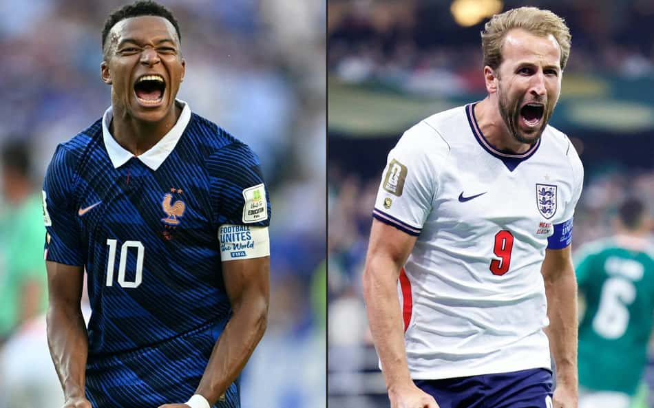 Kylian Mbappé (lado esquerdo) e Harry Kane (lado direito), durante partida da Copa do Mundo.