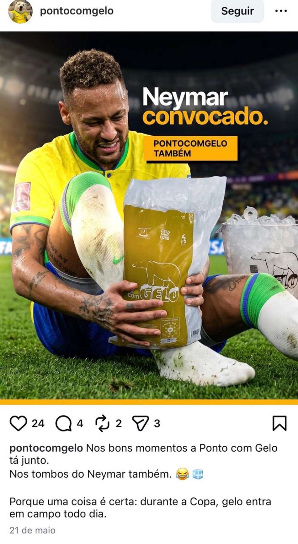 Imagem de anúncio no Instagram mostra Neymar com o uniforme da seleção sentado no gramado com um saco de gelo na perna