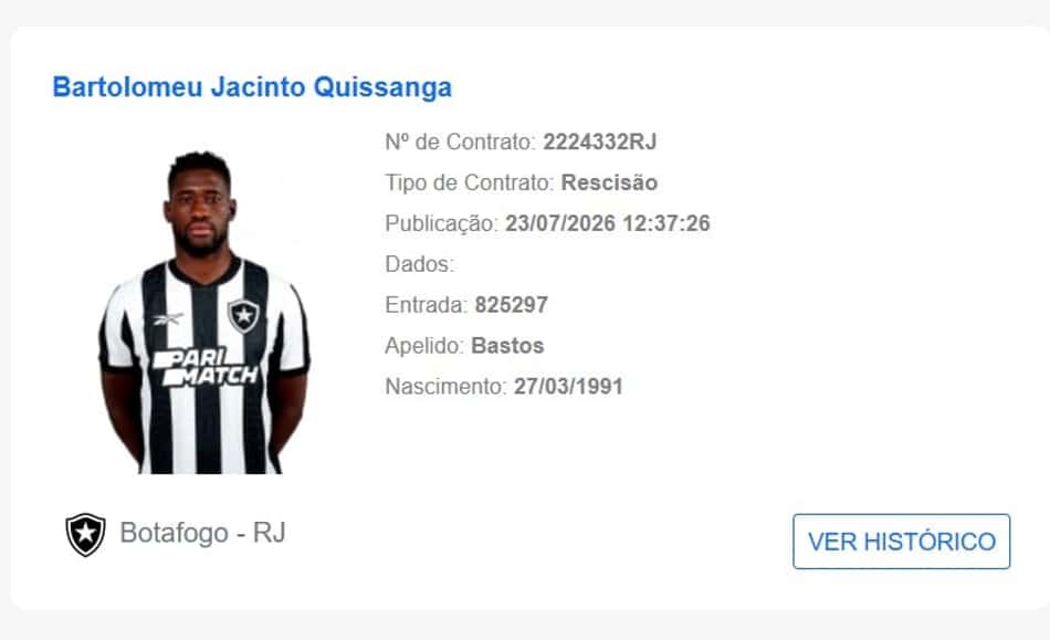 Rescisão de Bastos com o Botafogo foi publicada na CBF
