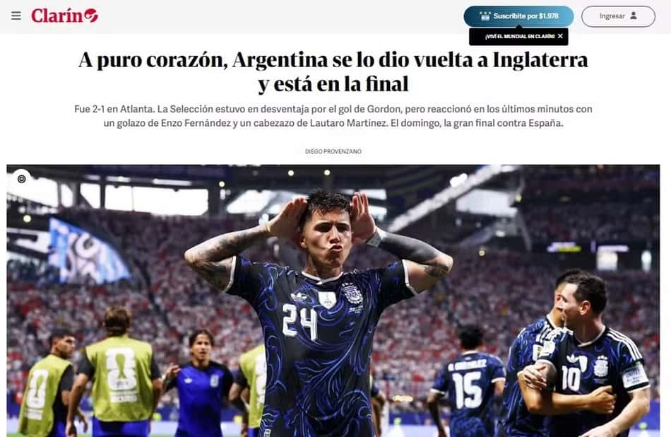 Capa do jornal Clarín da Argentina com a foto de Enzo Fernandez