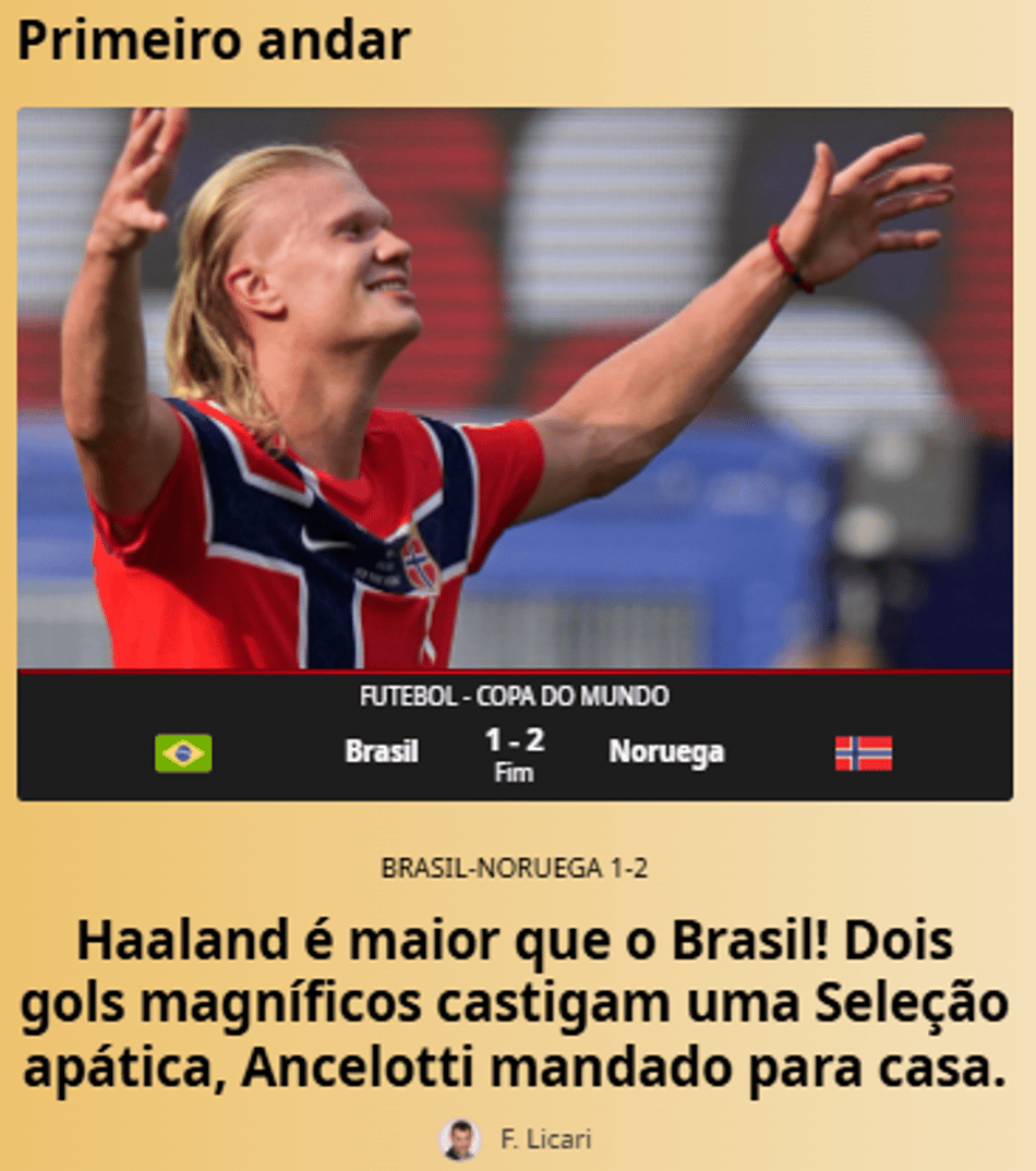 Capa do 'La Gazetta dello Sport' após derrota para o Brasil