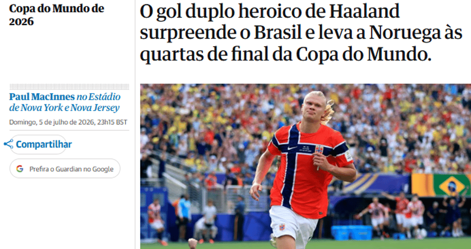 Capa do 'The Guardian' após jogo do Brasil