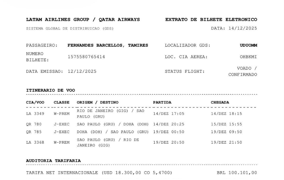 Fatura de viagem de Tamires Fernandes Barcellos custeada pela CBF