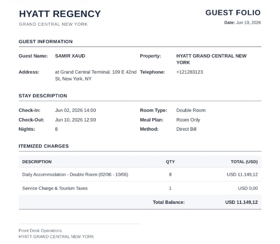 Fatura do Hyatt Regency, em Nova York, em nome de Samir Xaud 