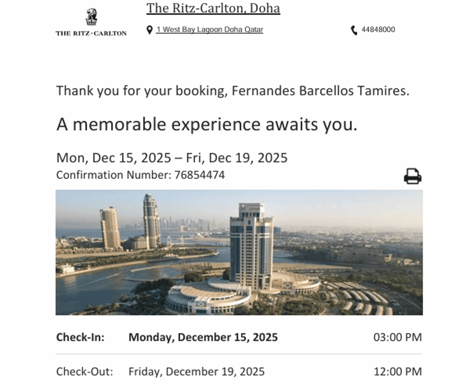 Fatura de hospedagem de influenciadora no The Ritz-Carlton, em Doha (Reprodução)