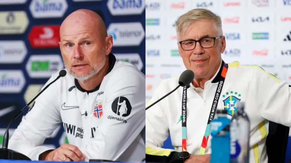 Carlo Ancelotti e Stale Solbakken lado a lado (Fotos: Trond Reidar Teigen/ NTB / AFP; Rafael Ribeiro/CBF)