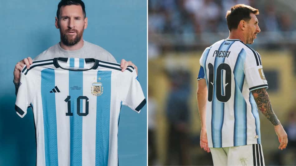 Comparação camisas Messi Copa 2022 e 2026 (Foto: Reprodução e PATRICIA DE MELO MOREIRA/AFP)