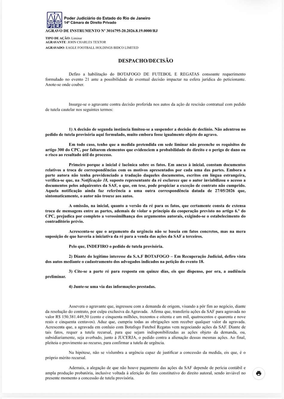 Despacho contrário a pedido de Textor no Botafogo