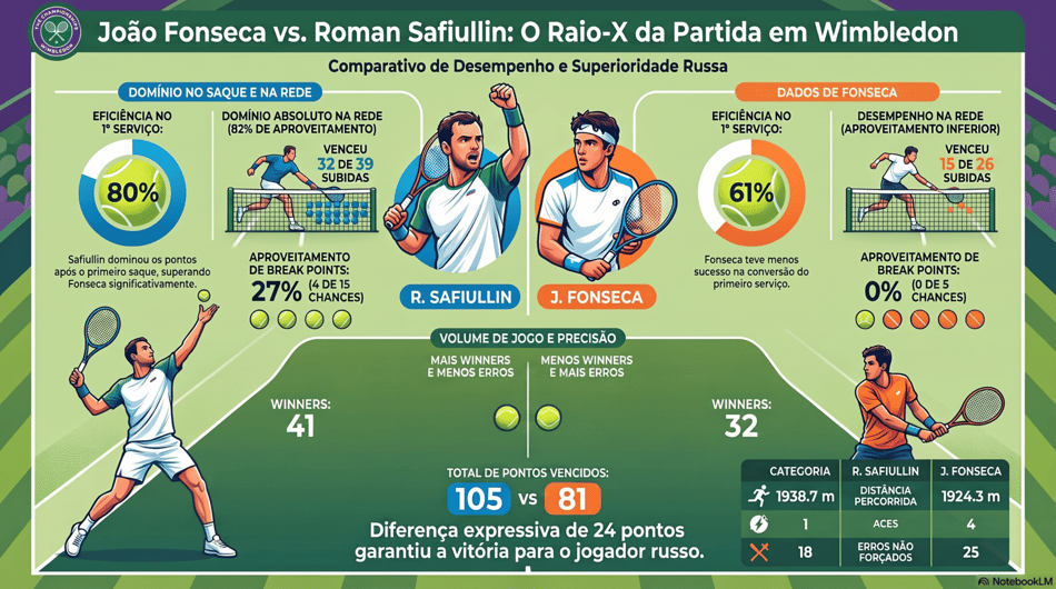 Gráfico mostra números da derrota de João Fonseca para Roman Safiullin em Wimbledon