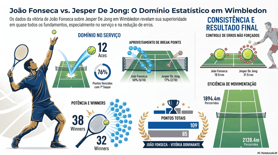 Gráfico mostra números da vitória de João Fonseca sobre Jesper De Jong em Wimbledon