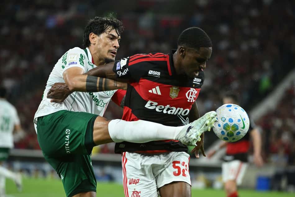 Gustavo Gómez em ação na disputa de bola com Evertton Araújo no jogo entre Palmeiras e Flamengo pelo Brasileirão