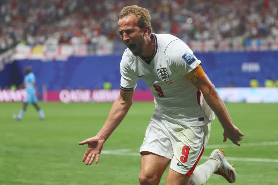 Harry Kane em ação durante Inglaterra e República Democrática do Congo pela Copa do Mundo.