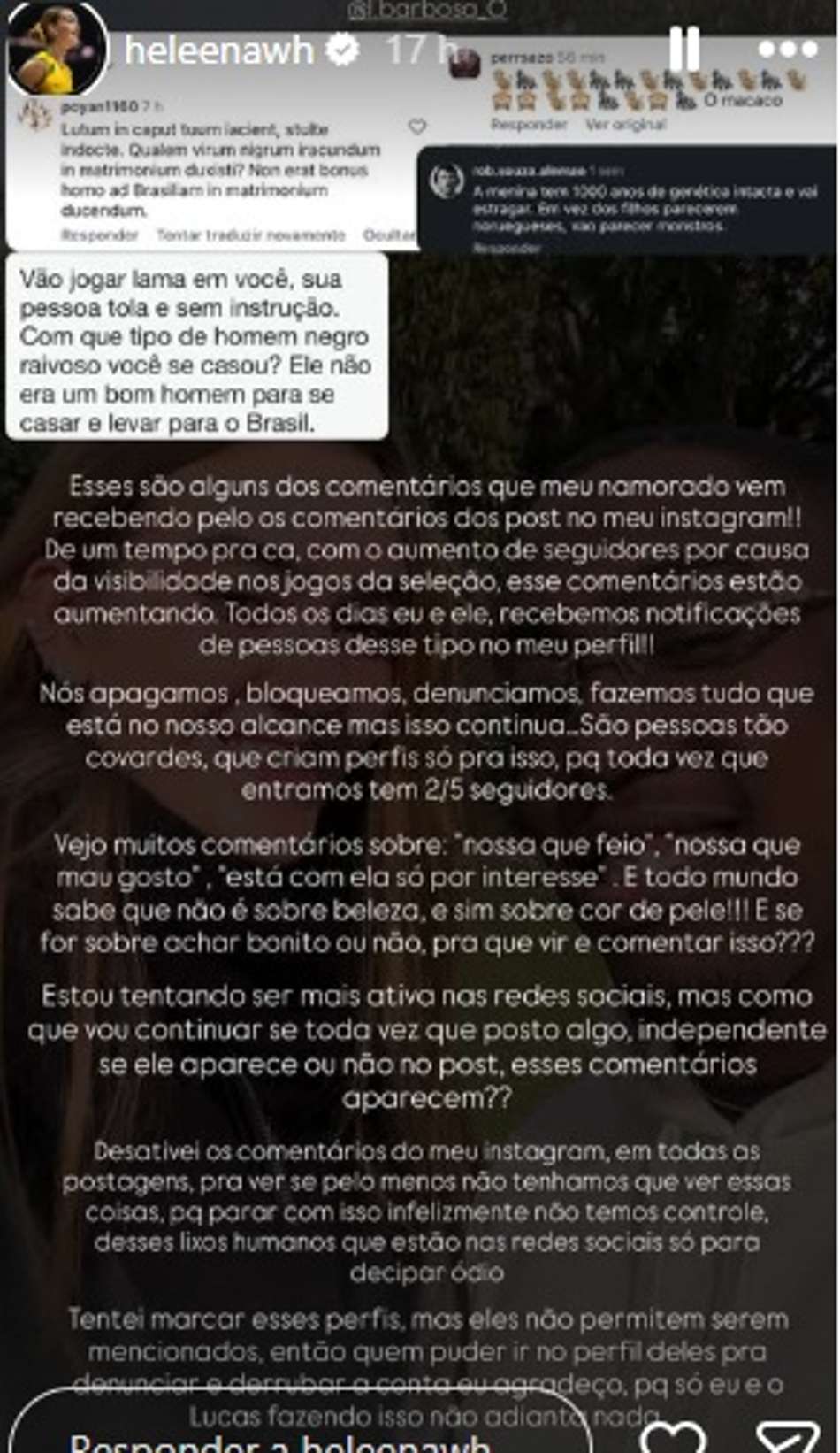 Helena, do vôlei, denuncia racismo contra o namorado, Lucas Barbosa, do basquete