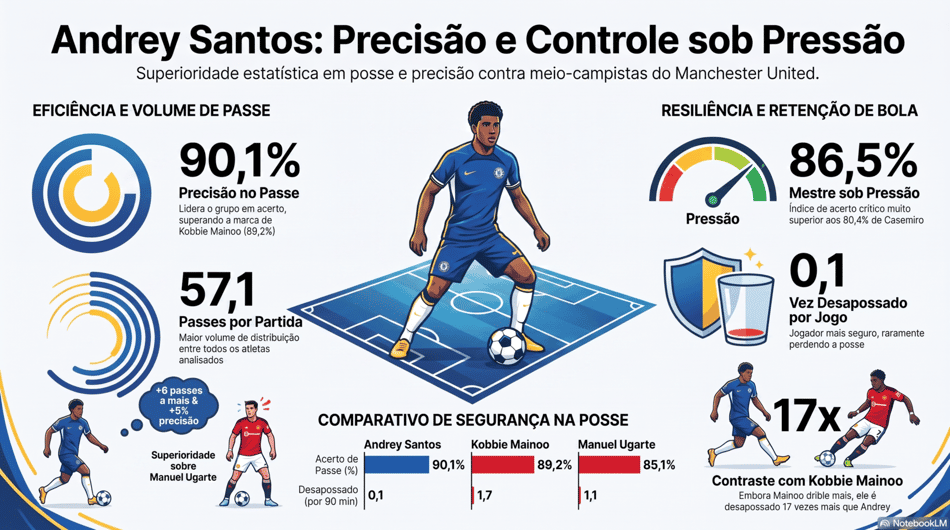Infográfico sobre a precisão e controle de bola do Andrey Santos em comparação com outros meio-campistas do Manchester United