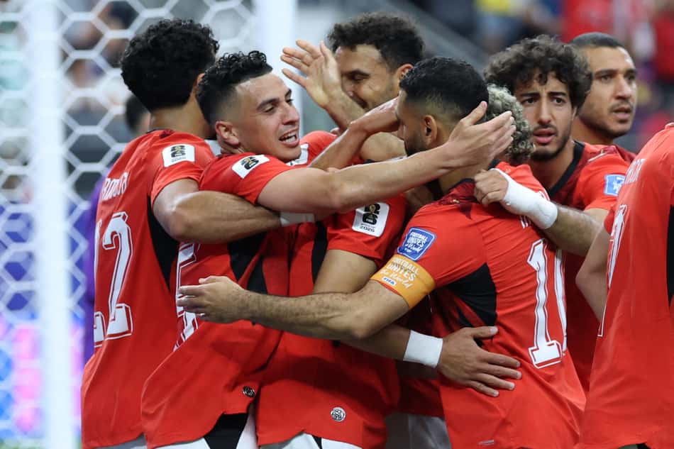 Jogadores do Egito comemoram gol sobre a Austrália na Copa do Mundo
