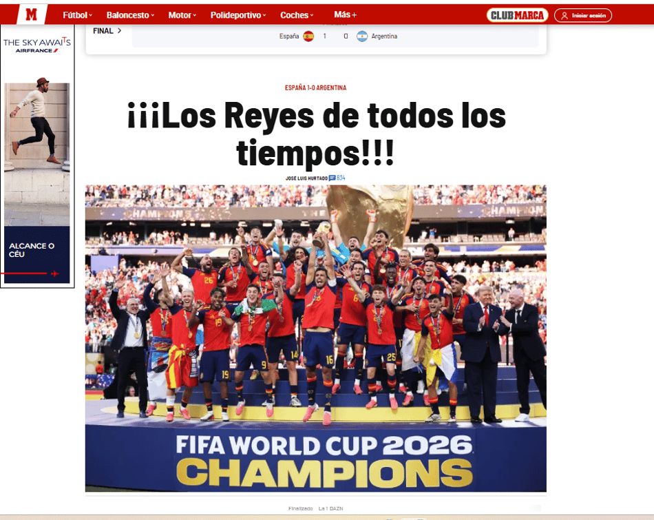 Jornais internacionais repercutem título da Espanha e vice da Argentina (Foto: Reprodução)