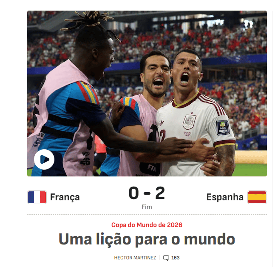 Jornal Às enaltece vitória da Espanha sobre a França na Copa do Mundo