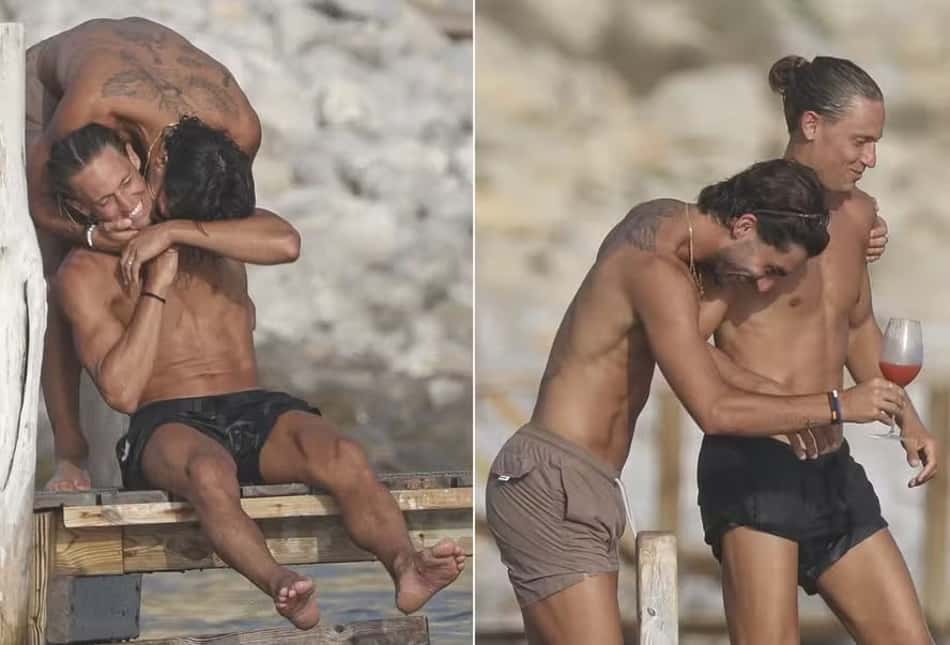 Ferrran Torres e Marcos Llorente sem camisa em momento de carinho em Ibiza