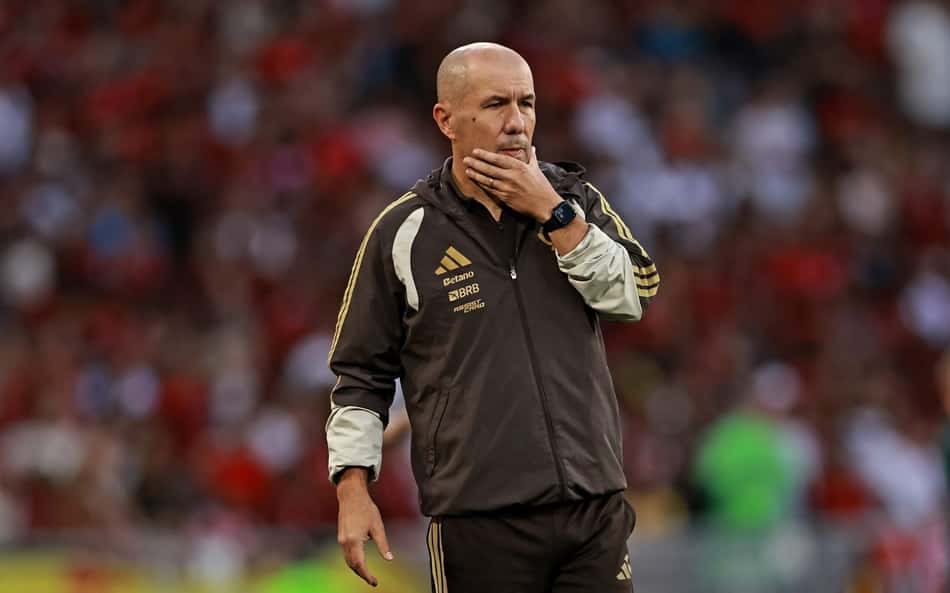 Usando casaco marrom, Leonardo Jardim observa preocupado com mão no queixo