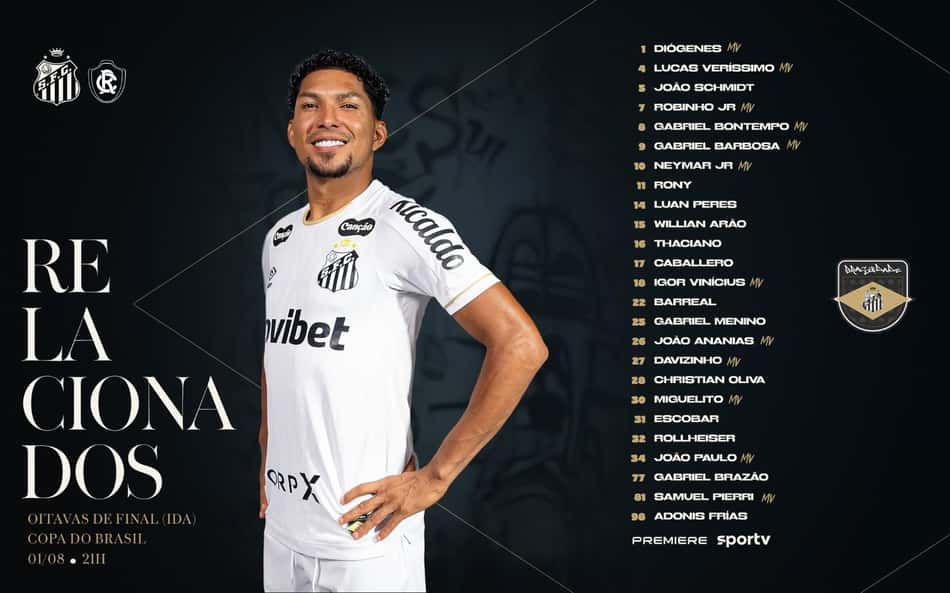 Lista de relacionados do Santos para o jogo contra o Remo na Copa do Brasil