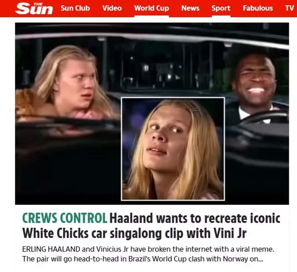 Meme de Haaland e Vini Jr repercute na imprensa mundial; jornal the sun deu espaço para a brincadeira