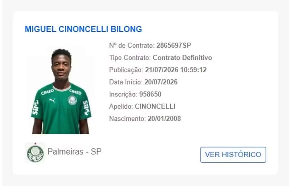 Miguel Bilong, do Palmeiras, é registrado no BID da CBF