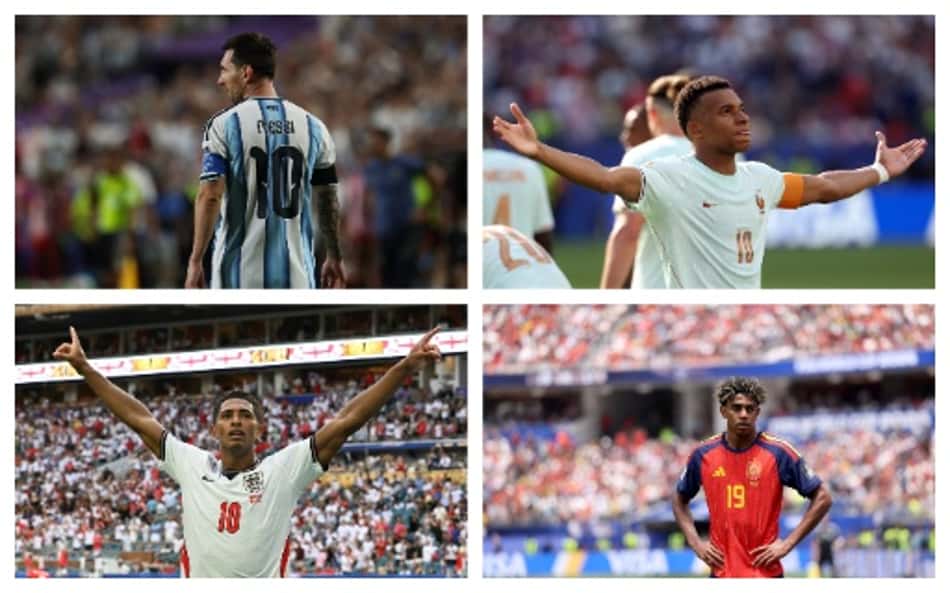 Messi, pela Argentina; Mbappé, atuando pela França; Bellingham, pela Inglaterra; Yamal, atuando pela Espanha.