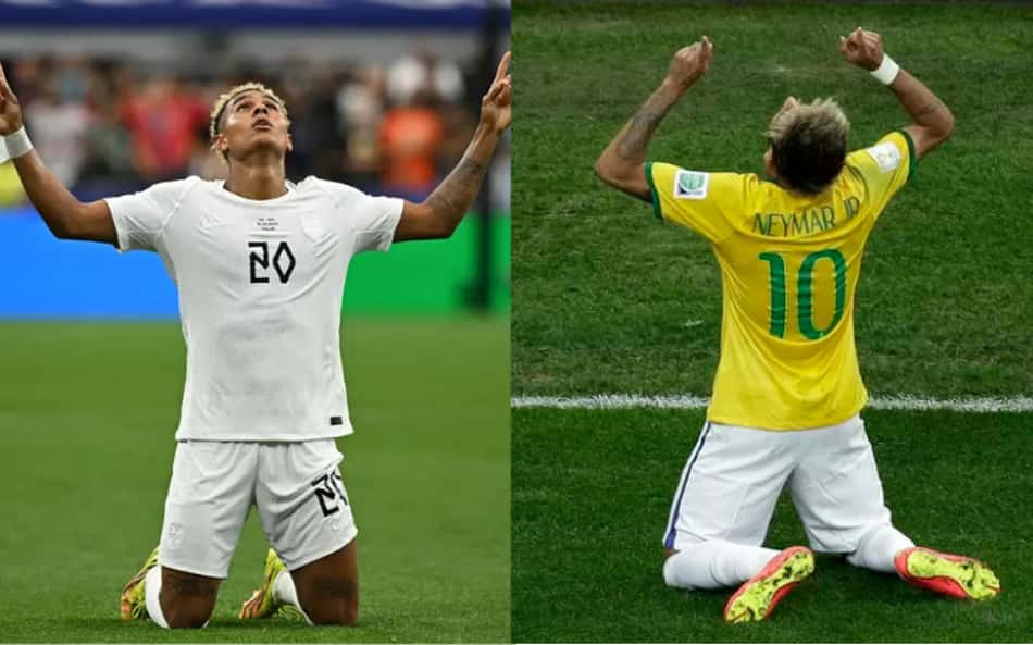 Montagem com as fotos de Antonio Nusa e Neymar comemorando gols