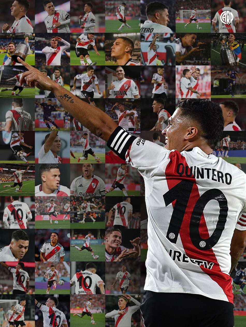 Quintero de costas com a camisa do River Plate, com um mosaico de fotos antigas do jogador no River Plate