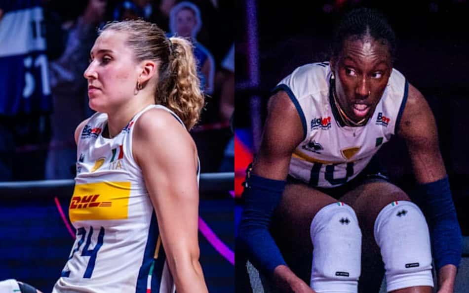 Colagem de fotos de Ekaterina Antropova e Paola Egonu, jogadoras da seleção italiana de vôlei feminino