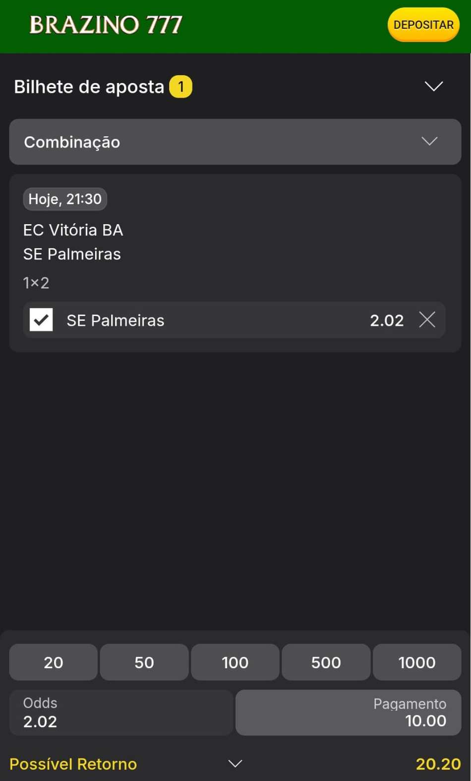 Captura de tela de um bilhete de apostas realizado após baixar o app da Brazino777 no celular.