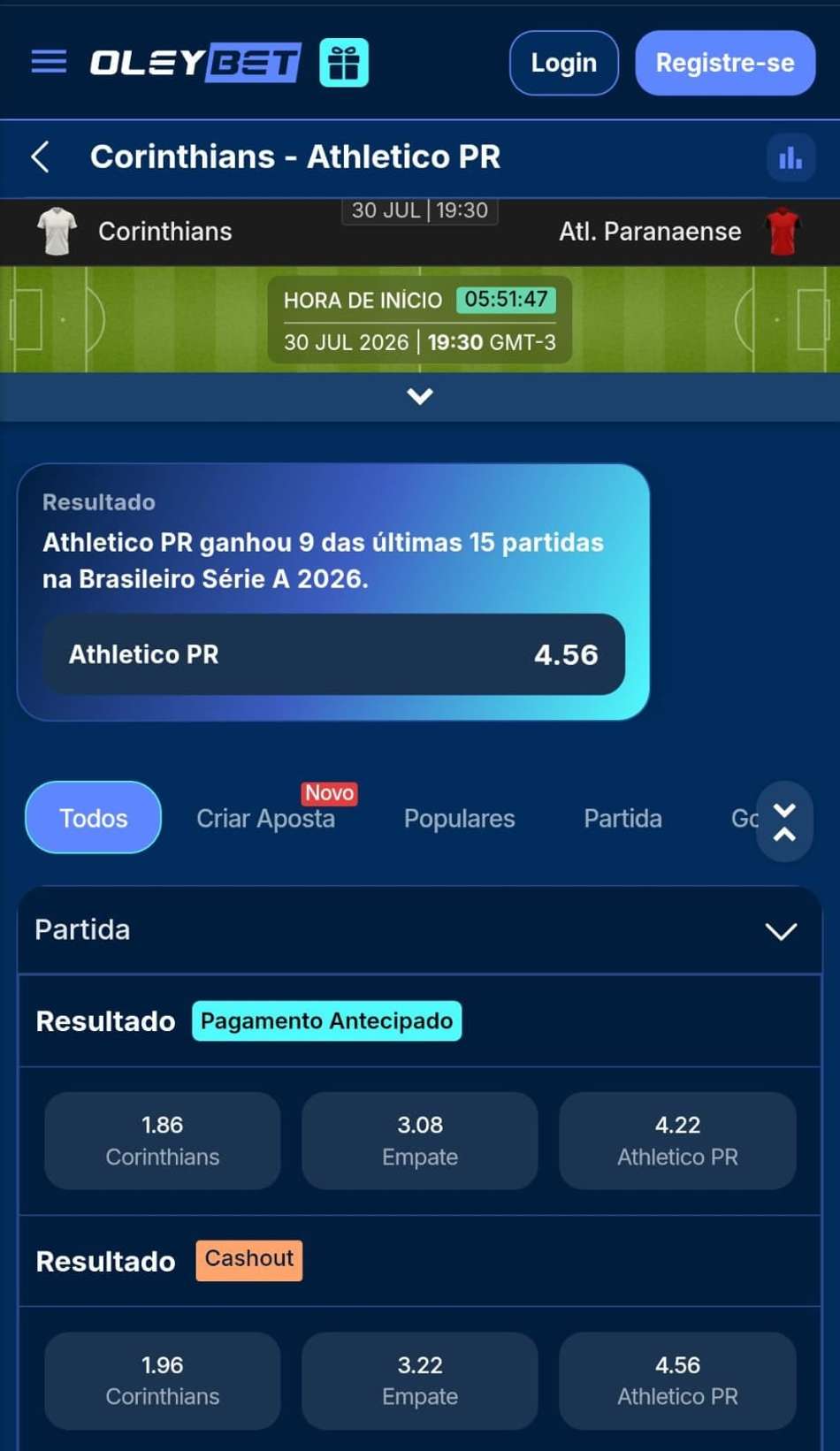 Captura de tela da página de apostas no futebol da Oleybet.