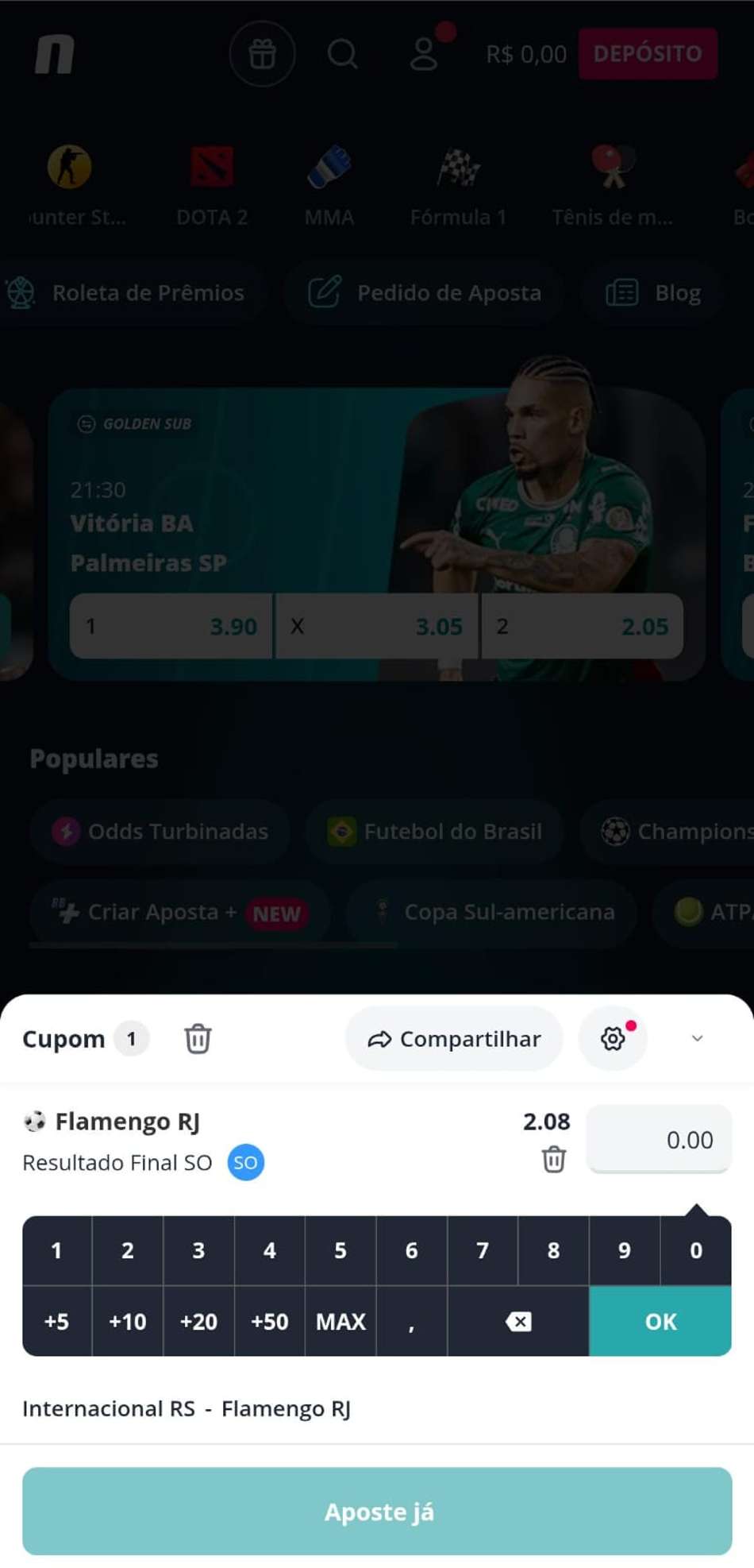 Captura de tela de uma aposta esportiva na Novibet.