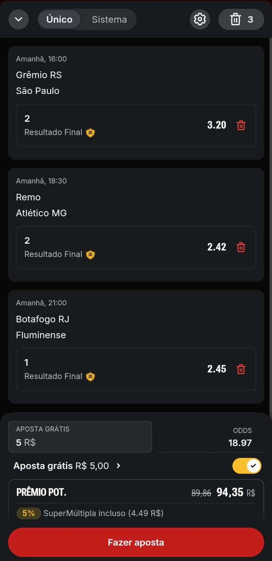 Captura da tela de apostas após fazer o cadastro na Superbet.