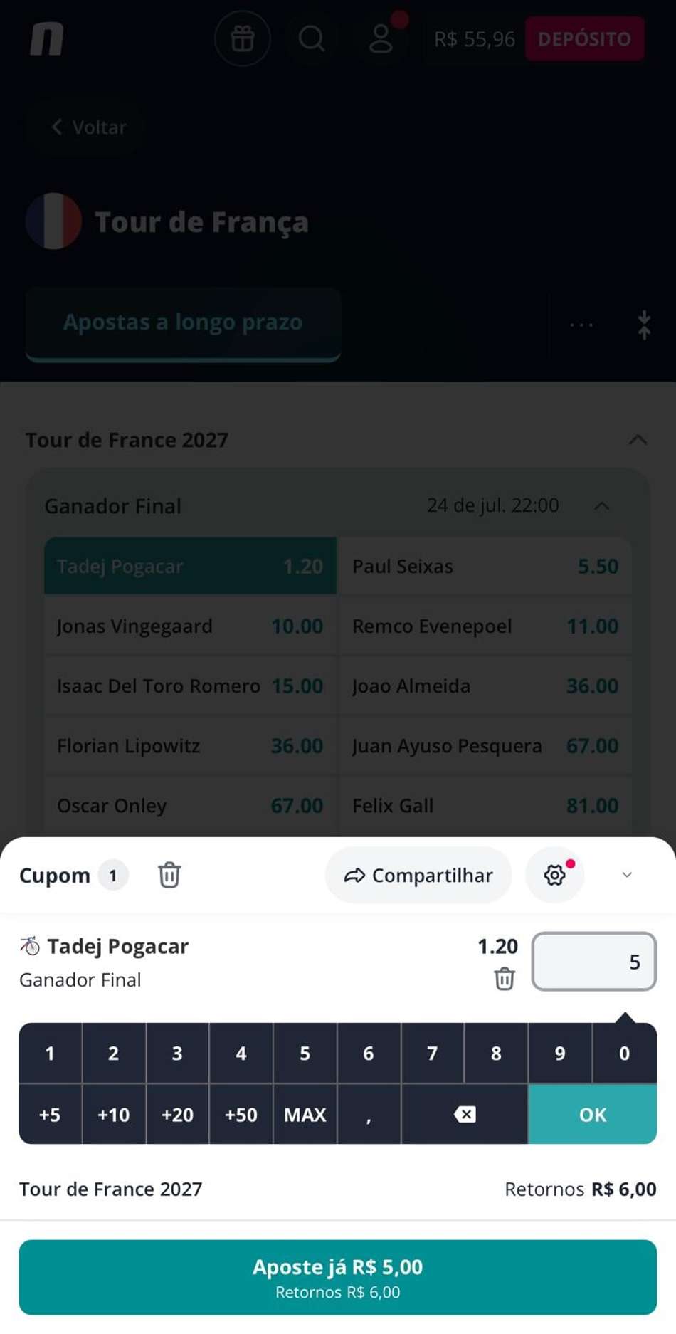 Captura de tela do bilhete de apostas em ciclismo na Novibet.