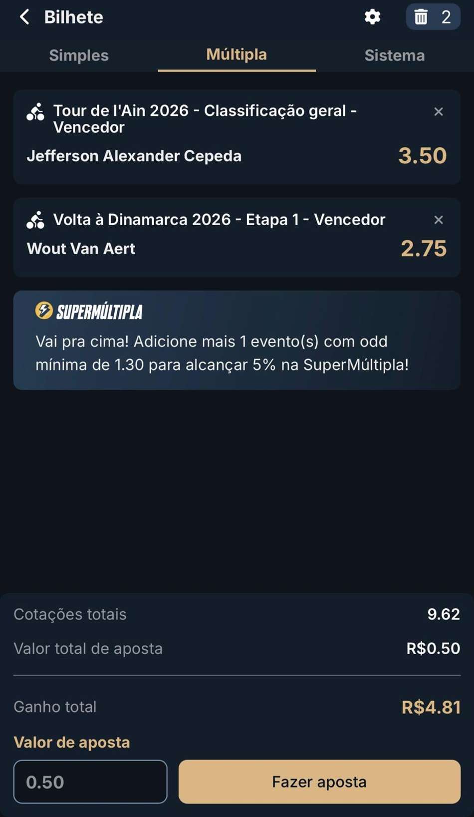 Captura da tela de apostas em ciclismo na Estrela bet.