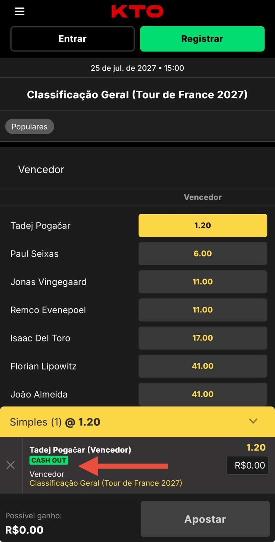 Captura da tela de apostas em ciclismo com Cash Out na KTO.