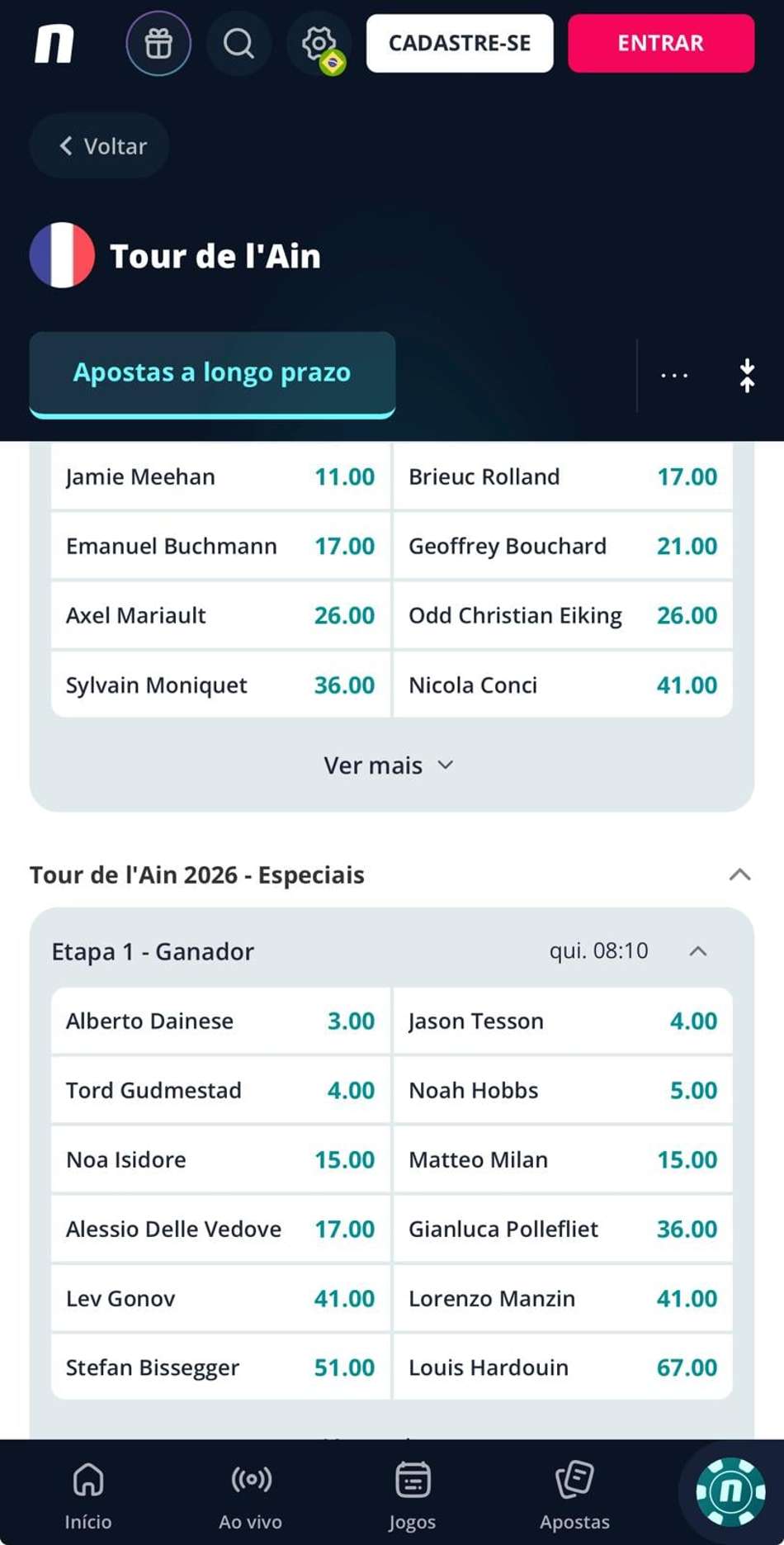 Captura da tela de apostas em ciclismo na Novibet.