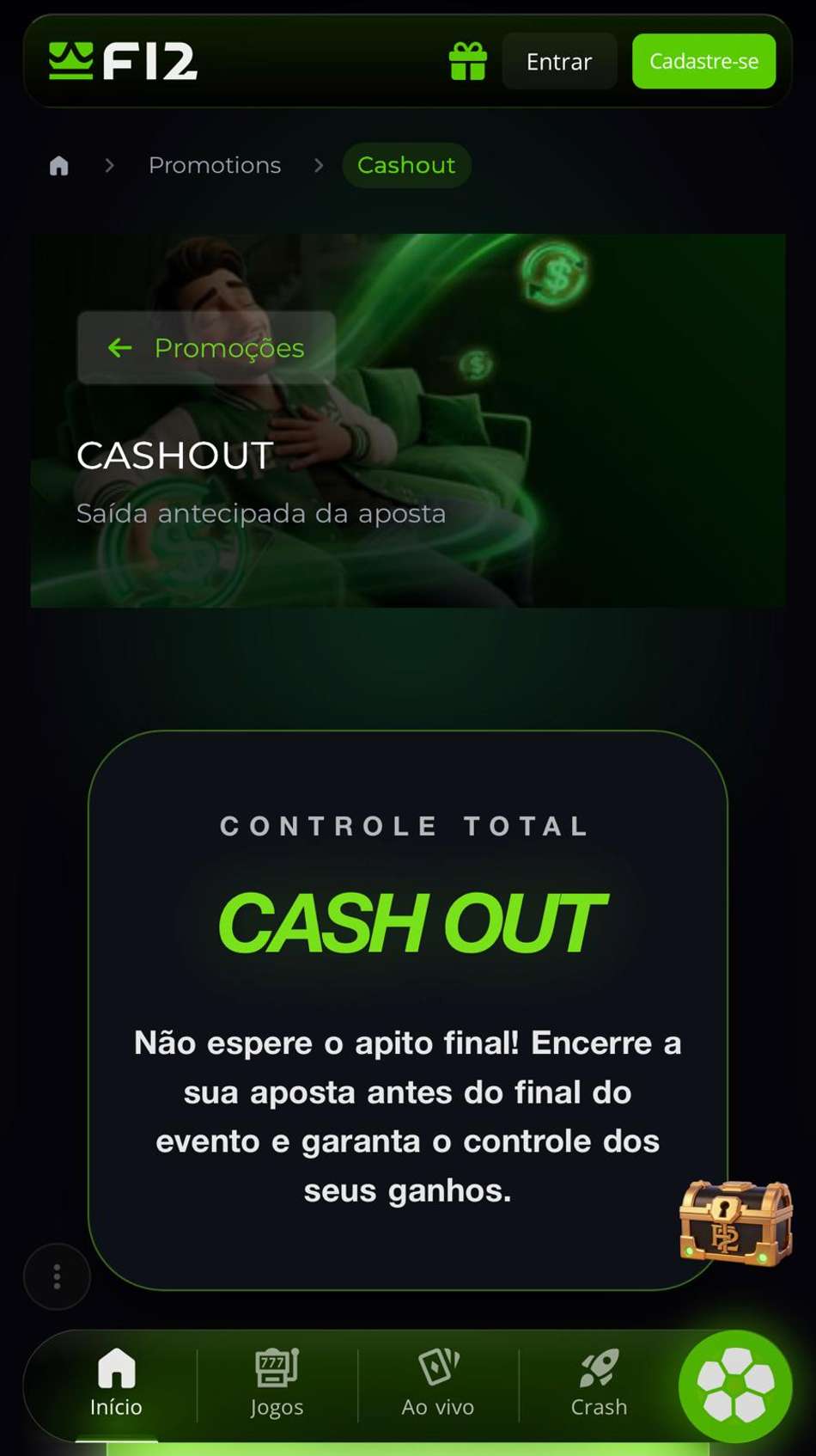 Captura da tela de aposta com cash out na F12.Bet, uma casa de apostas no Campeonato Mineiro.