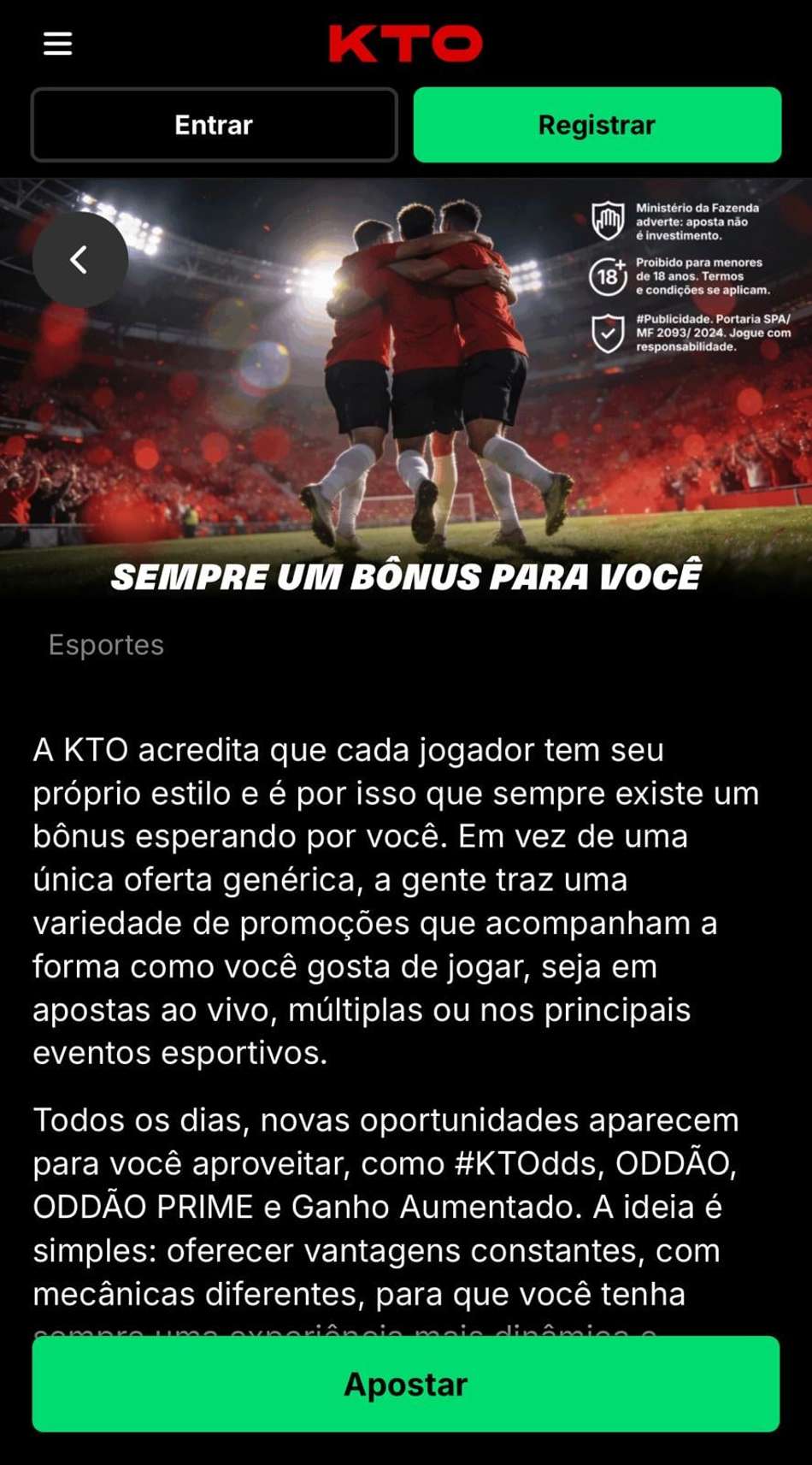 Captura da tela da promoção KTOdds, disponível na KTO, uma casa de apostas no Mineiro 2027.