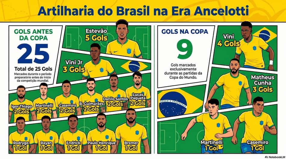 Arte com a artilharia da Seleção Brasileira na Era Ancelotti