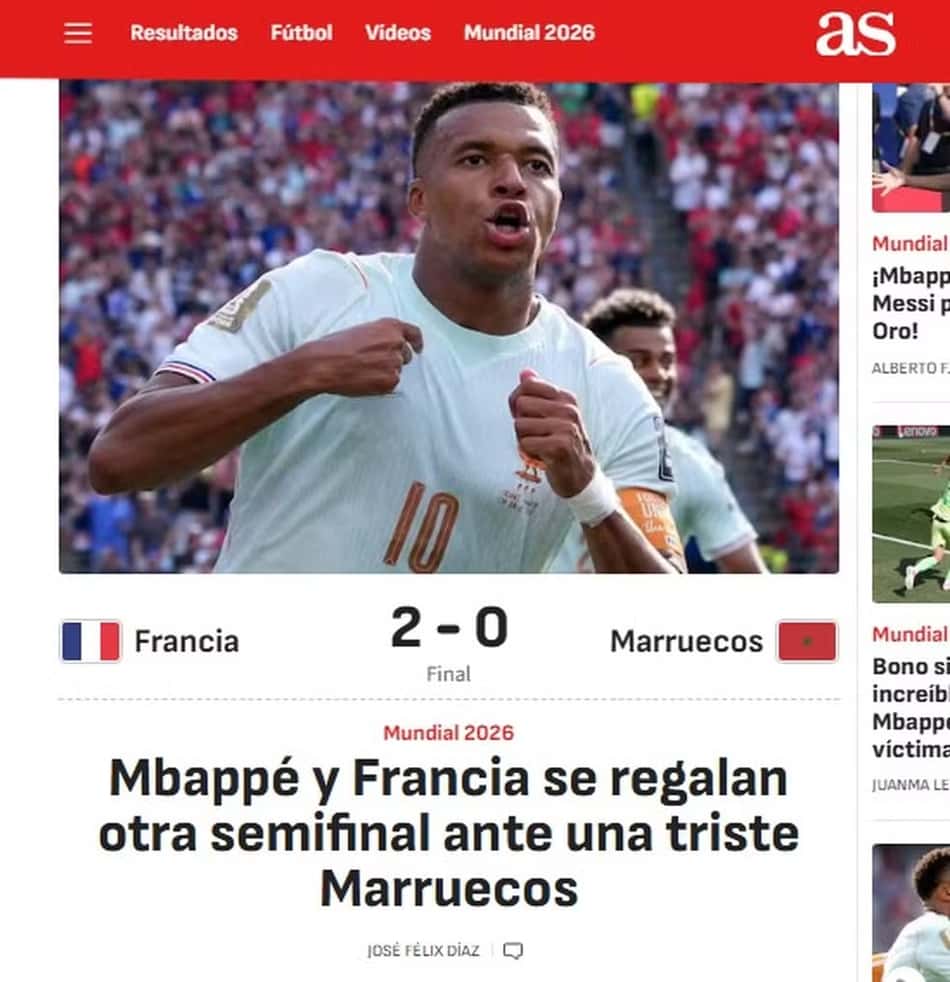 Capa do jornal AS (Espanha) sobre a vitória francesa diante do Marrocos